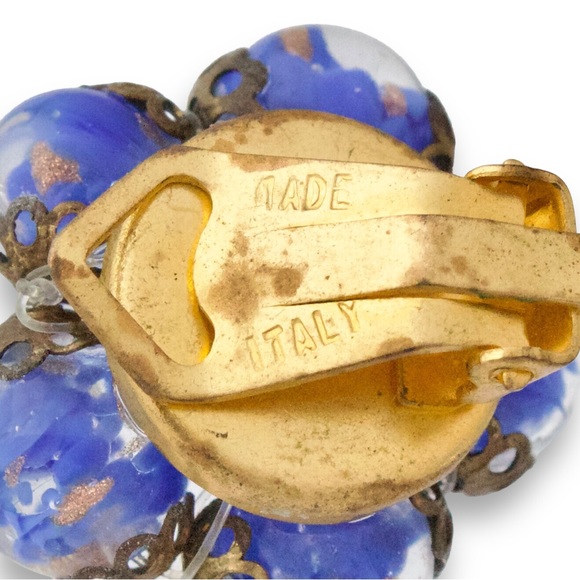 Vintage Venetian Glass Bead Clip On Earrings Cobalt Blue Aventurine Murano Italy - Picture 5 of 5